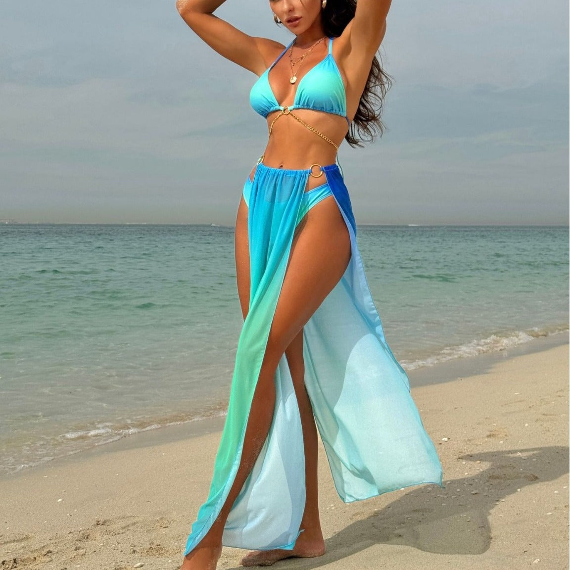 Gradient Mesh Maxi Dress Drawstring Banded Bikini Bikini Three Piece Swimsuit Bella Mia